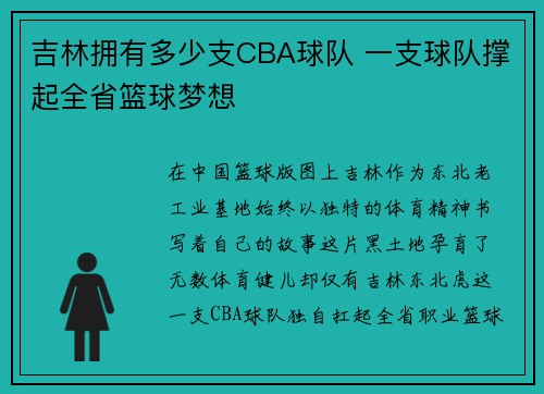 吉林拥有多少支CBA球队 一支球队撑起全省篮球梦想